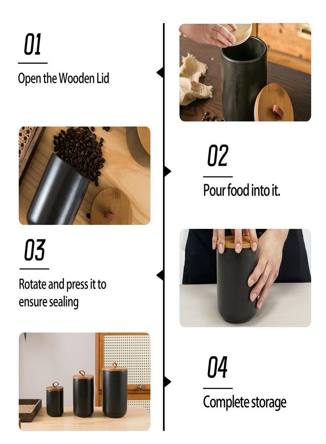 Tenforie Black Canister Sets for Kitchen, 3pcs Ceramic Canisters with Airtight Wooden Lid, Food Storage Jar, Large Kitchen Storage Containers for Serving Coffee Beans, Tea, Sugar, Salt, Spices - Image 3